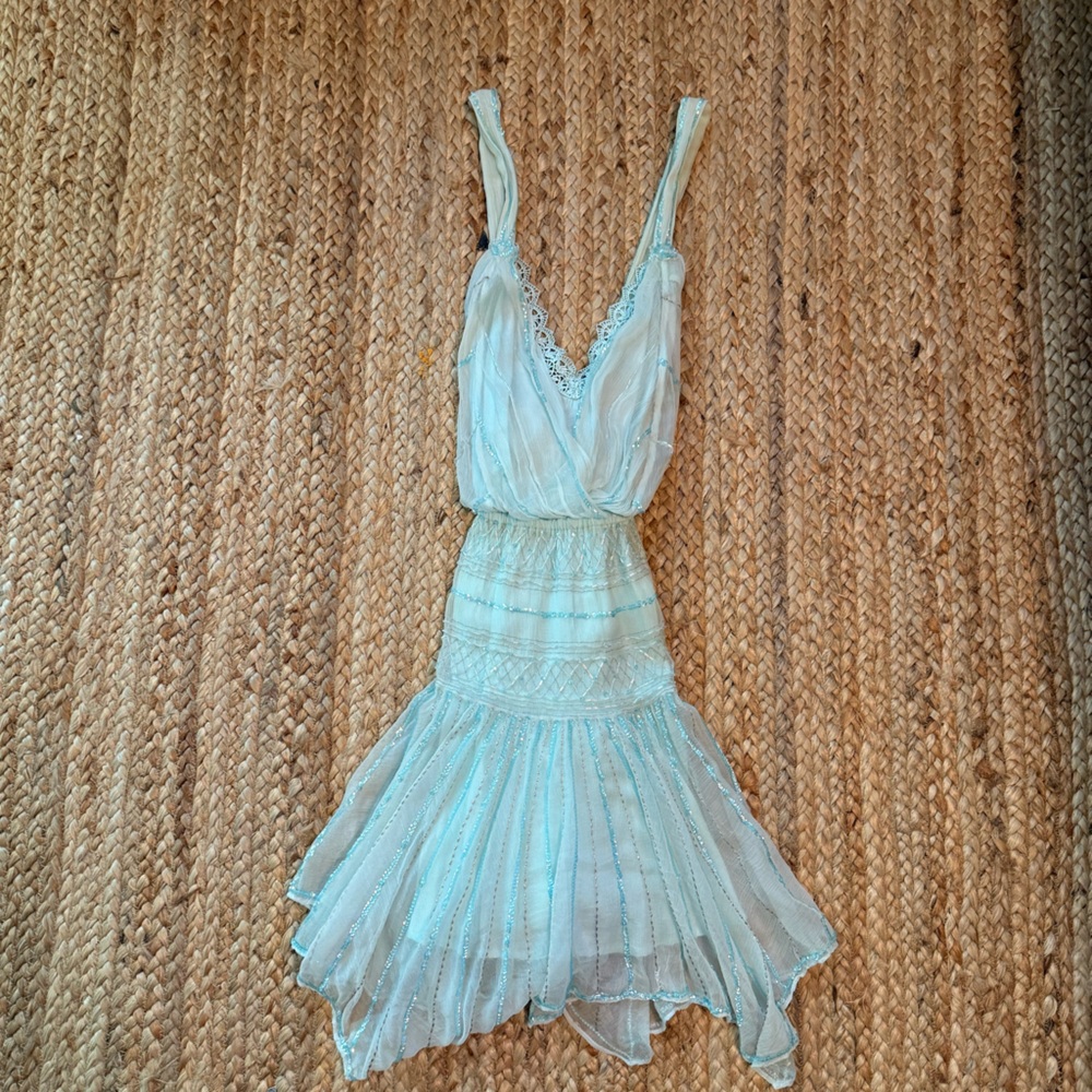 Free People Blue Tiered Mini V-Neck Cocktail Dress